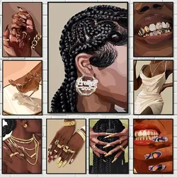 Fashion African Black Female Girl Portrait Nail Golden Grills Poster Wall Art Pictures Canvas Painting Bedroom Home Salon Decor