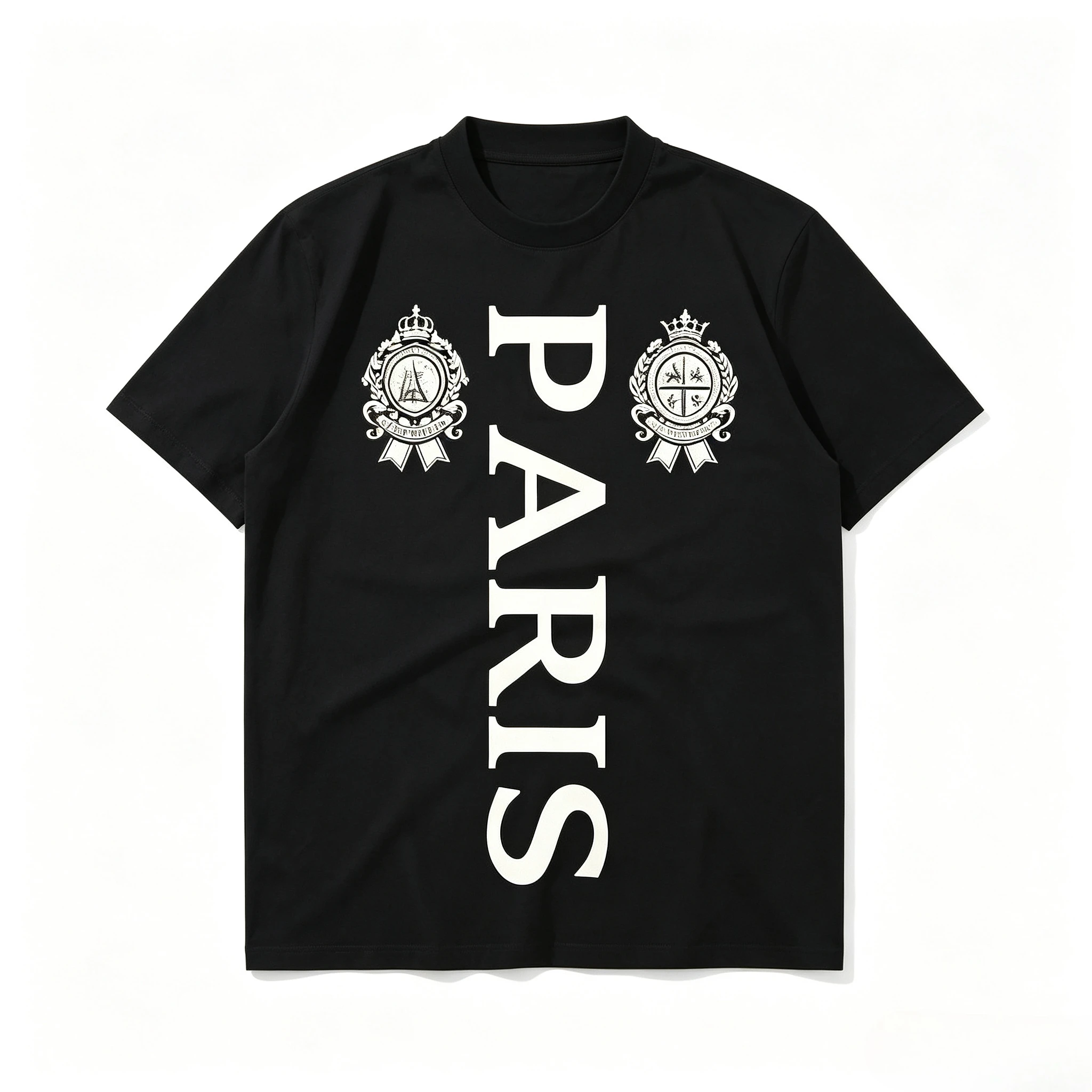 Men Vintage Paris Crest Graphic T‑Shirt Vertical Letter Print Crown Emblem Crew Neck Casual Street Short Sleeve Tee