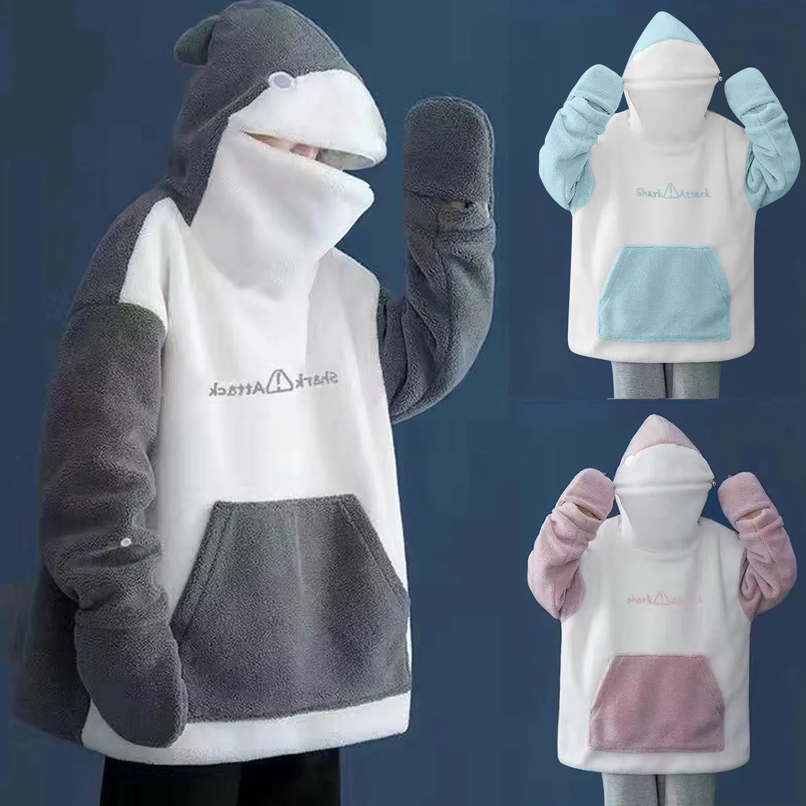 Cute Shark Hoodie Unisex Plush Warm Coat Big Sleeve Sweatshirt Women'S Top Hooded Long Sleeve Sports Shirt