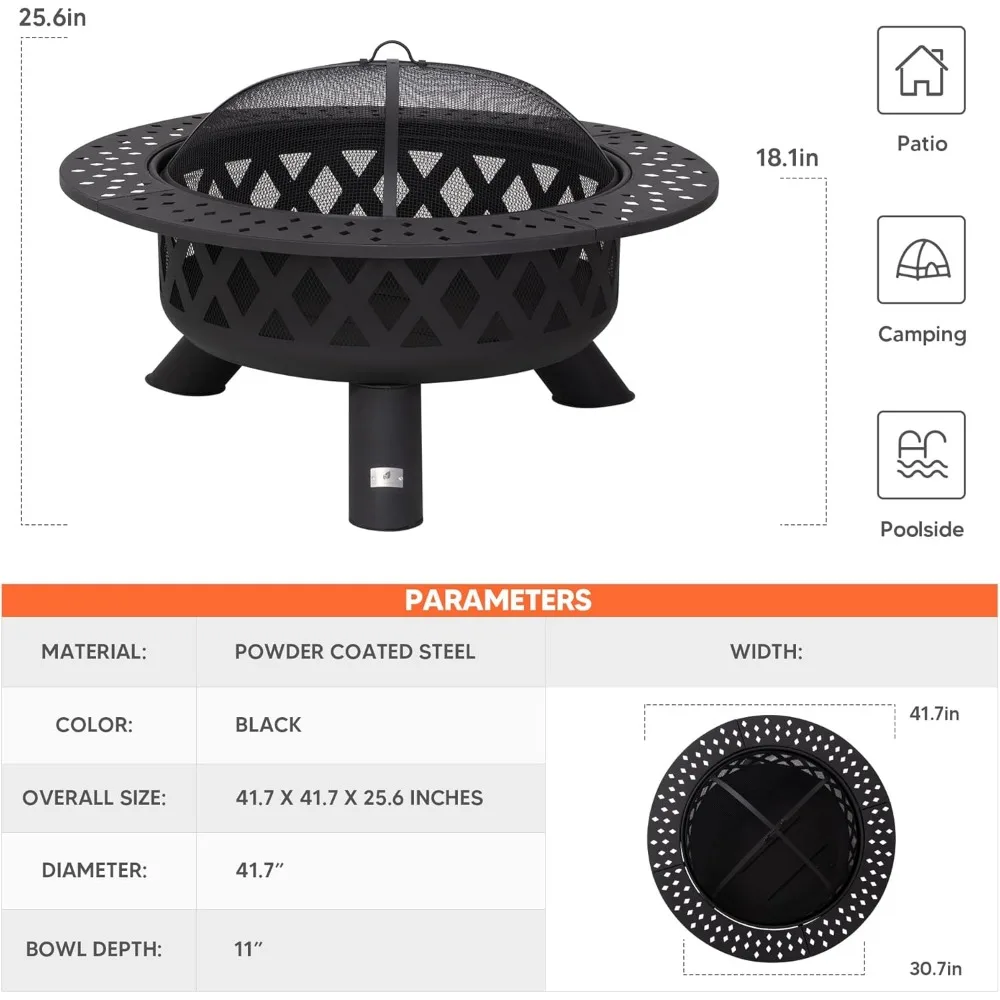 حفرة نار كبيرة مستديرة لحرق الخشب في الهواء الطلق مع سطح طاولة أوسع، وشاشة شرارة، وبوكر النار، ونمط فومبس #6