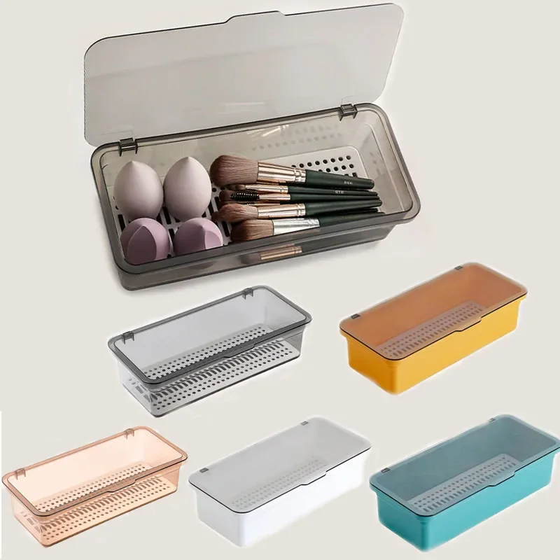 Transparent Makeup Brush Storage Box Dustproof Beauty Egg Lipstick Storage Box With Cover Portable Desktop Storage Bucket