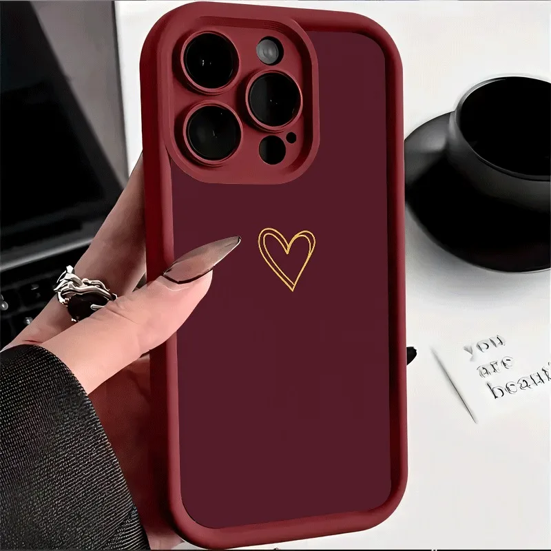 Capa de Celular com Padrão de Coração Dourado em Fundo Borgonha para iPhone 17 16 15 Pro Max 14 13 12 11 XS X XR 7 8 Plus 16E 17 Air