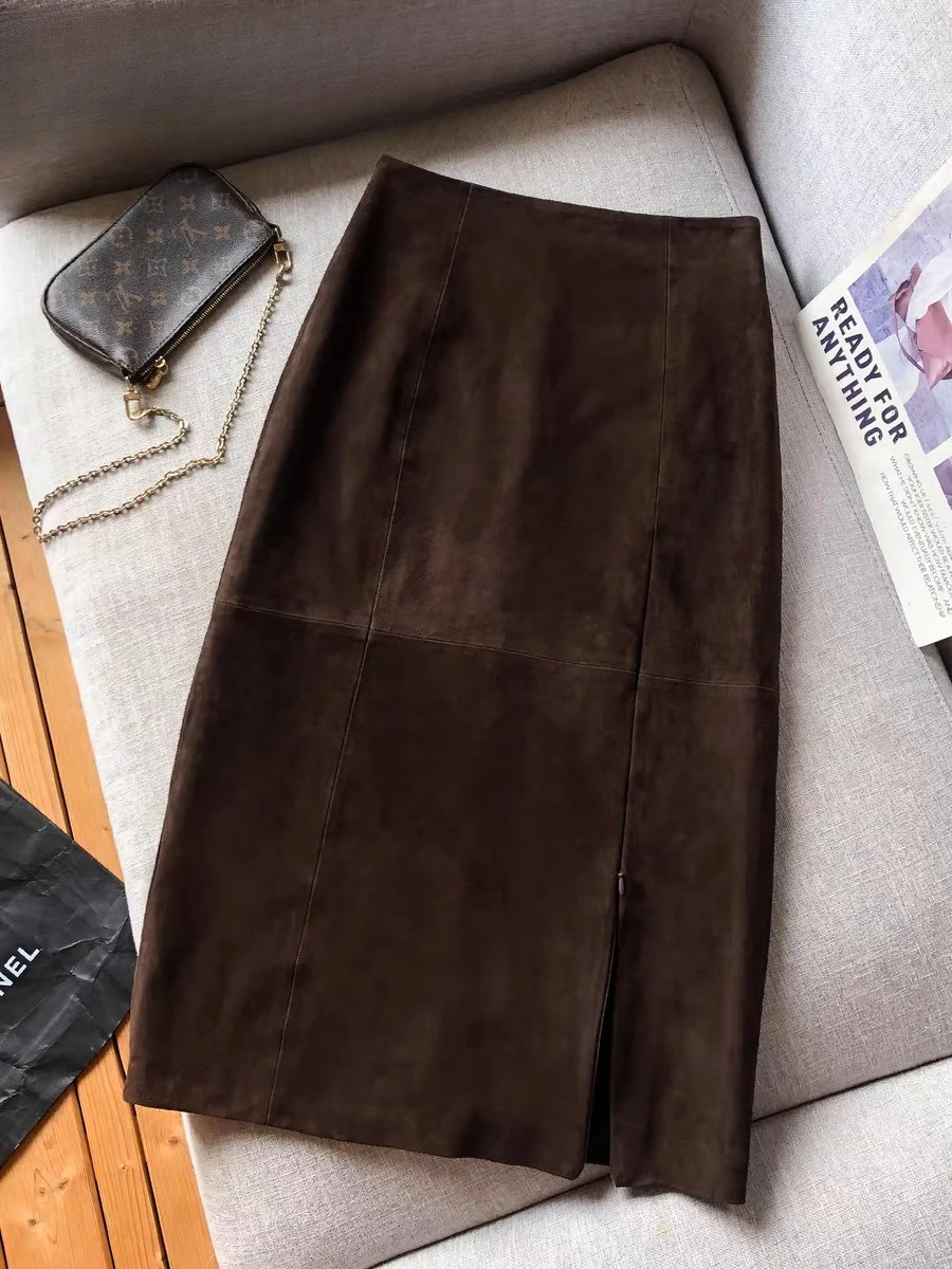 High Grade Suede Leather Skirt For Women Winter New Old Money Upgraded Imported Suede Jupe Front Split Waist Loop Faldas