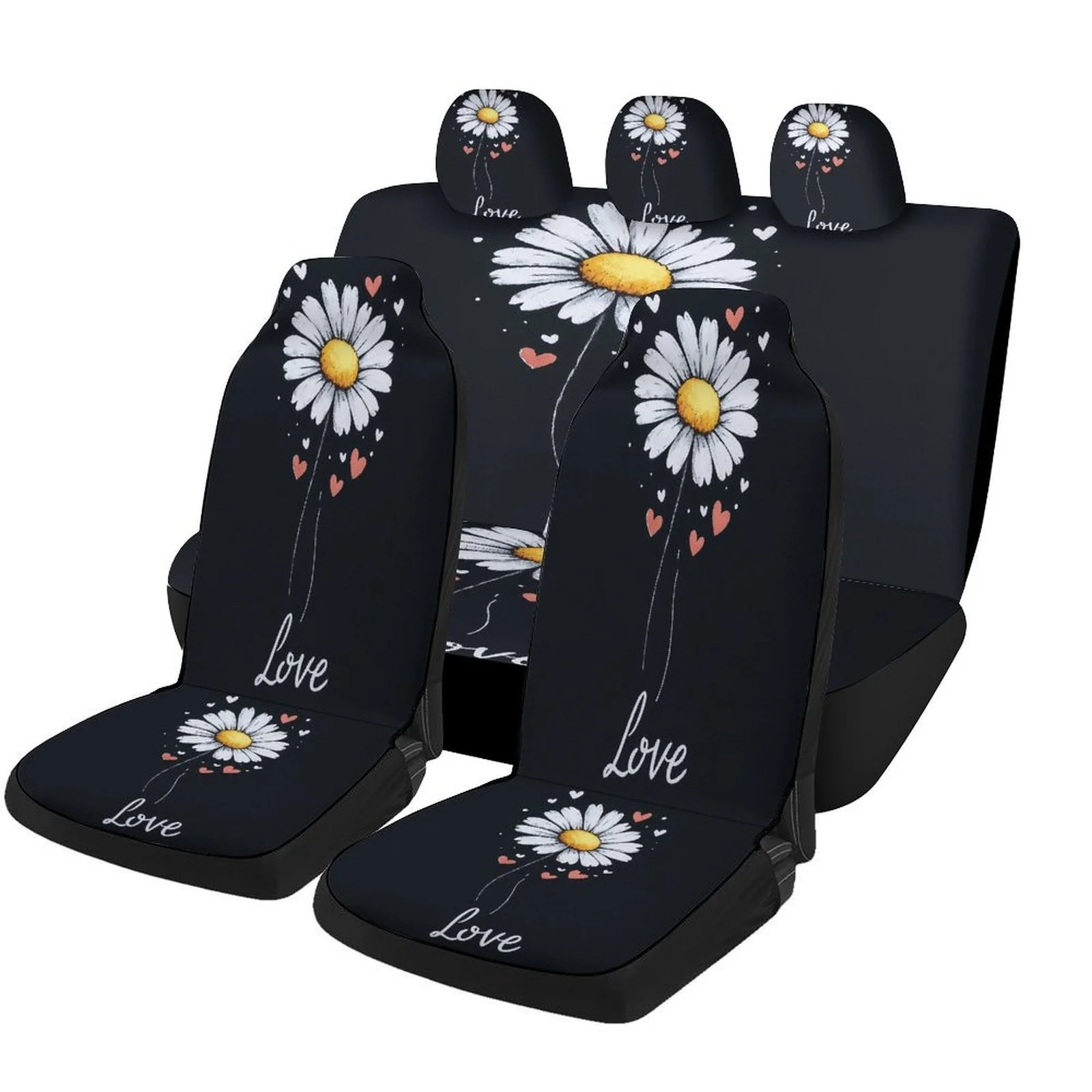 Daisy Hearts Love Designed Car Seat Covers Set For Most Cars, Trendy Breathable Decorative Car Seat Protector Covers Full Set,