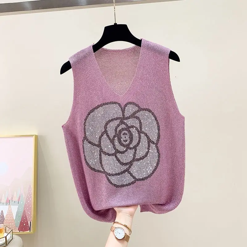 Minimalist Commute Summer New Women V-neck Printed Diamonds Loose Sleeveless Ice Silk Knitted Sweater Tank Camisole T-shirt Tops