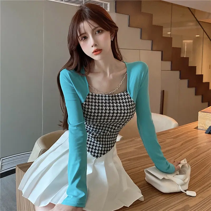 2023 Herfst Nieuwe Koreaanse Mode Houndstooth Vierkante Kraag Lange Mouw T-Shirt Femme All-Match Patchwork Slanke Onregelmatige Top T-Shirt