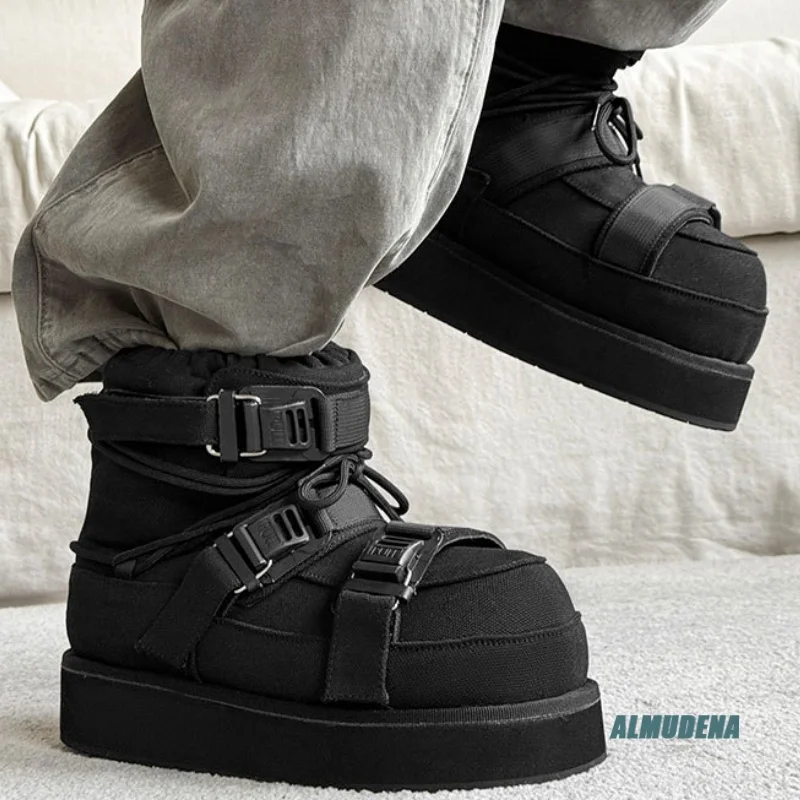 Canvas Round Toe Platform Ankle Boots Men's Lace-Up Street Style Fashion Autumn Winter Outdoor Casual Shoes with Buckle Strap