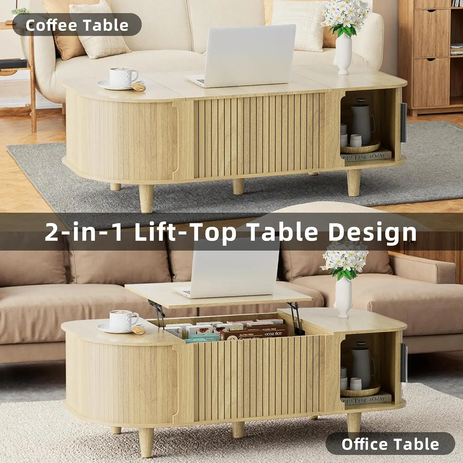 طاولة قهوة بيضاوية قابلة للرفع، طاولة مركزية حديثة لمنتصف القرن مع 3 حجرات مخفية، طاولات قهوة مع رف تخزين مفتوح و