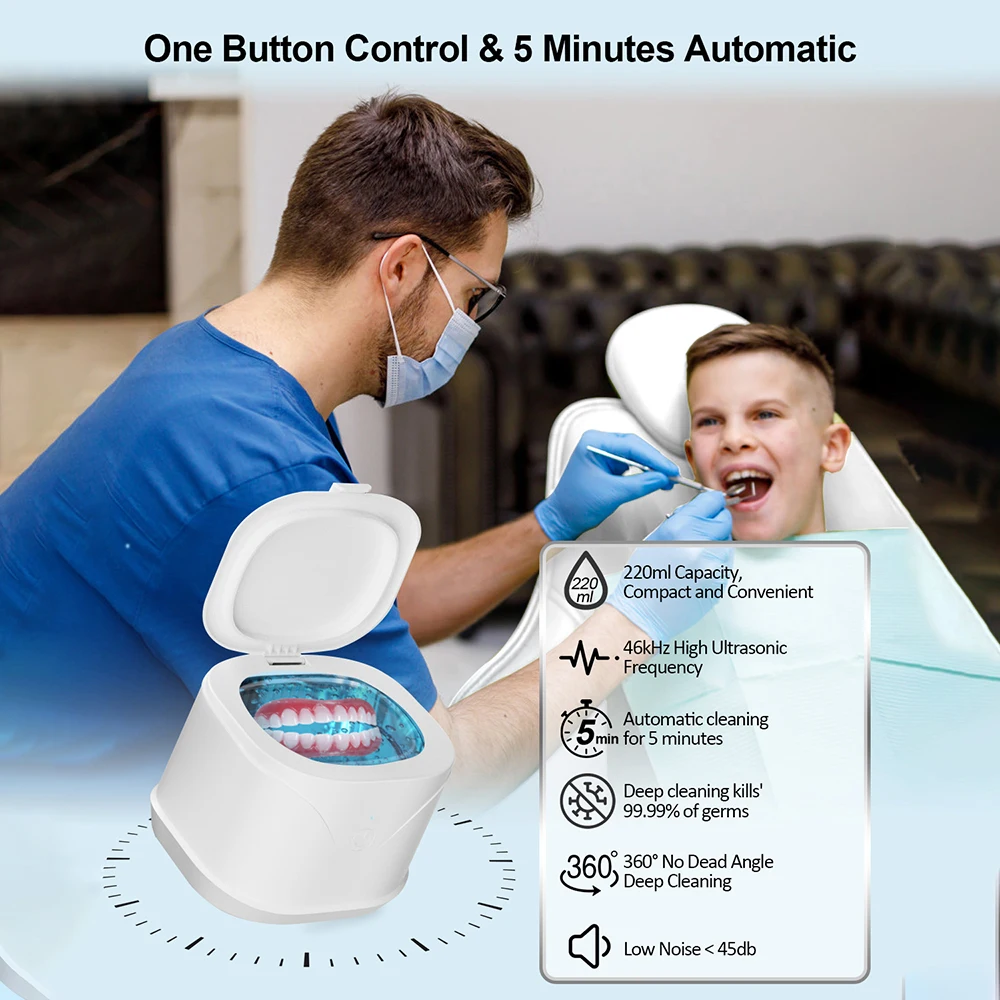 46kHz Ultrasonic Cleaner Portable Retainer Denture Cleaning Denture Bath Pulsating Cleaning Kit For Jewelry False Teeth Aligner