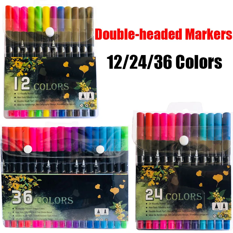 12/24/36 Colors Double-headed Markers Art Painting Pen Color Hook Line Pen For Artists & Designers School Office Supplies