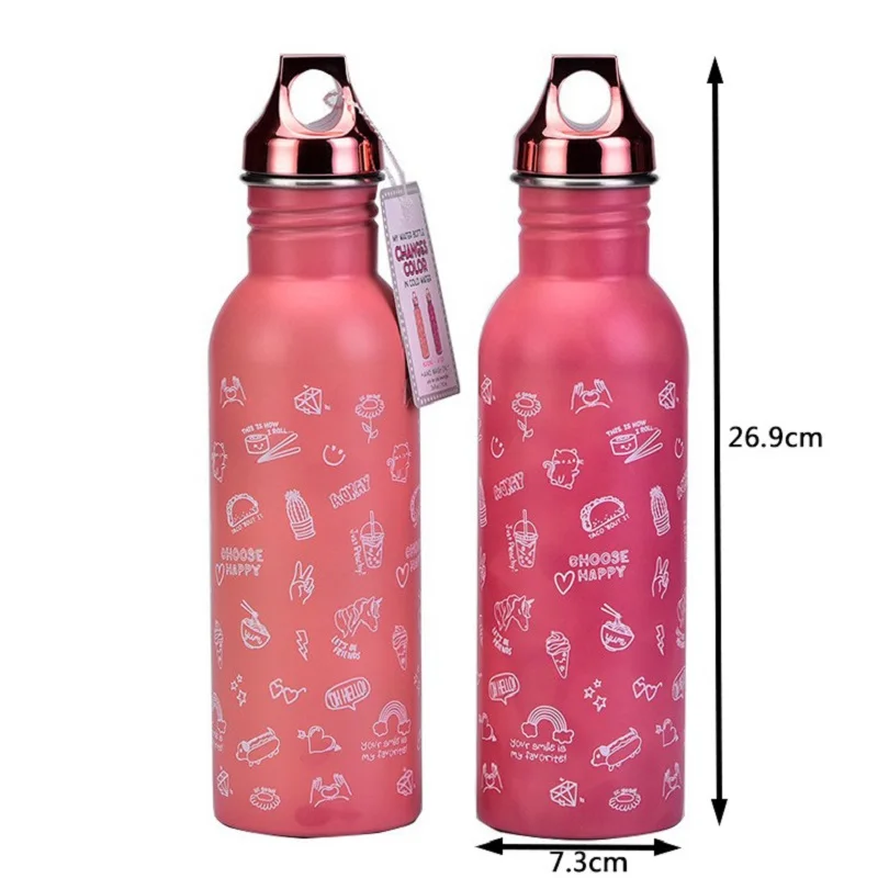 750ml Large Capacity Sports Cup With Handle,Single Layer Stainless Steel Flasks,Outdoor Drinkware,Color-changing Water Bottle