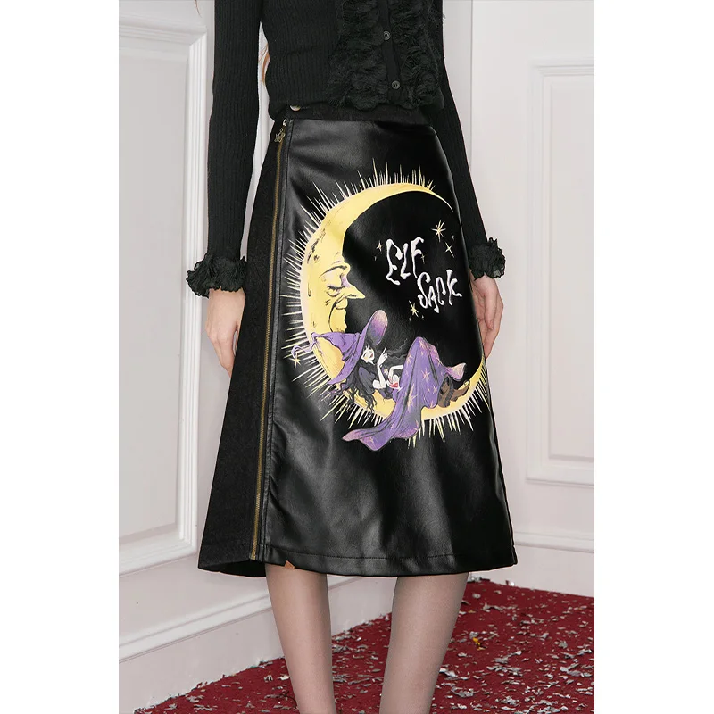 ELFSACK Sweet Cotton Midi Skirt Winter Denim PU Leather Patchwork Metal Zipper Cartoon Print Retro Versatile Female Skirt