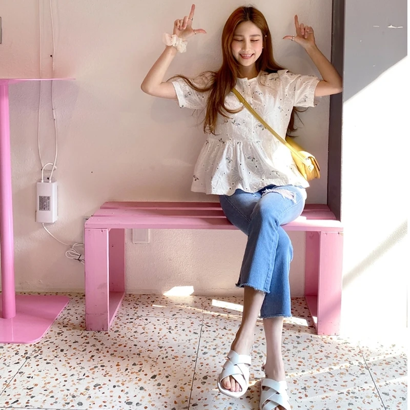 Estate delle nuove donne irt pizzo scava fuori bambola camicetta Sve coreano Sle rotondo Ne ort Sve vestibilità ampia Bubble Sve Top