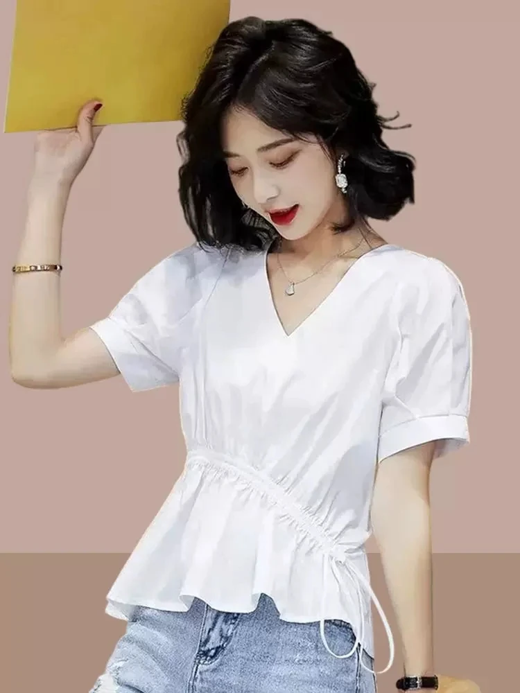 

Summer ort Sve irt Women's Ele Loose V-Ne Beautiful White Ladies' Faionable Workwear Straight Cut Polyester Co...