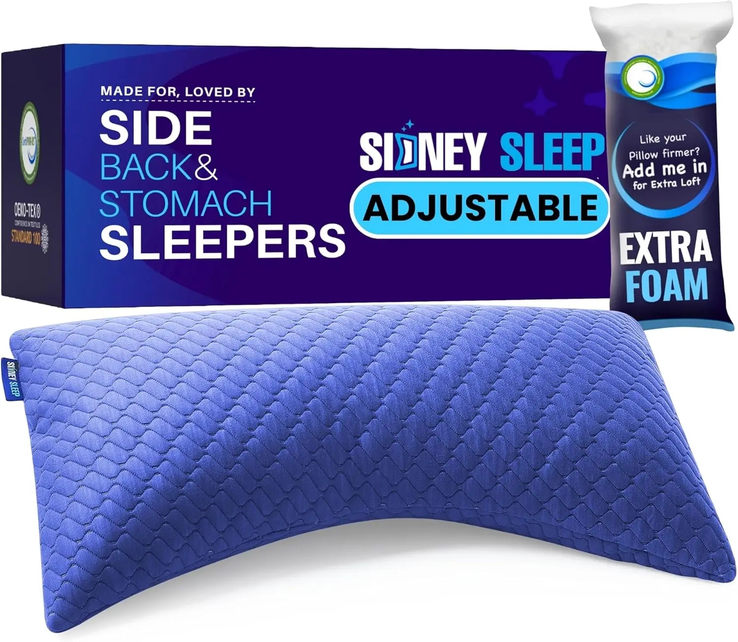 

Регулируемая подушка из пены с эффектом памяти для сна на боку и на спине - размер King Size с дополнительным наполнителем, синяя