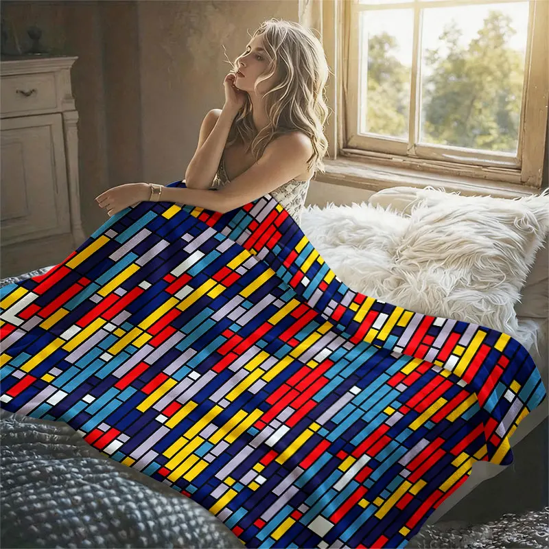 Mondrian Color Blocks Flannel Blanket Perfect for Sofa Office Bed Travel Sleep Read Relax Camping Four Season Use