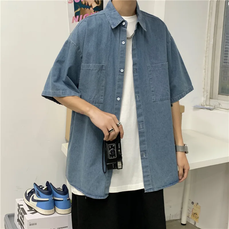 

Denim short sleeved shirt men's summer Korean style trendy youth retro casual loose cardigan half sleeved jacket
