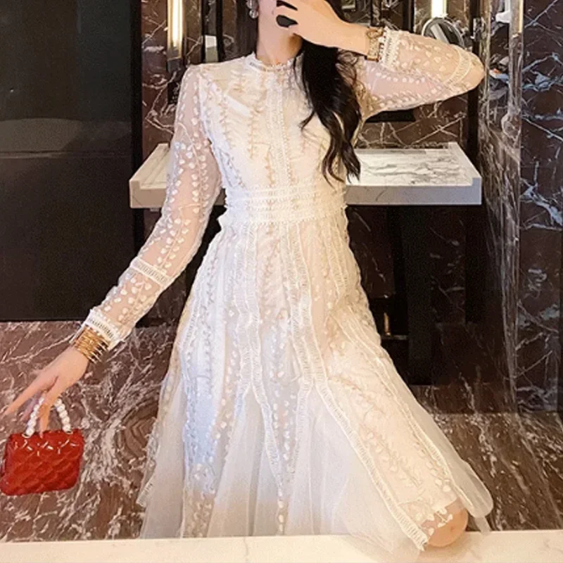 Embroidery Lace Vintage Dress Women Three Quarter sleeve White Mesh Party Dresses Female High Waist Runway Design Vestido