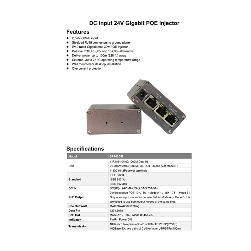 3 Port MINI Gigabit POE Injector 20Vdc-36Vdc Input Mode A And B 24V Passive POE Max 60W Output POE Injector 30W