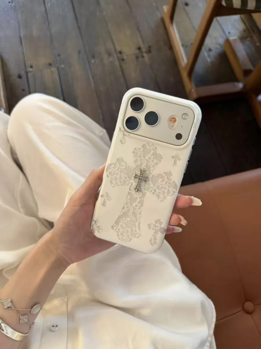 Elegant White Lace Cross iPhone17Promax Case Full Coverage Anti-Fall Women's Style Creative Protective  for  Phones
