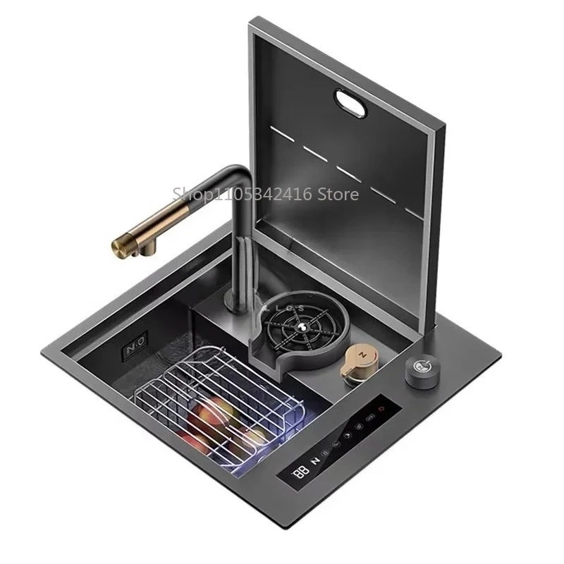 Handmade Single Bowl 304 Stainless Steel Nano Black Hidden Kitchen Sink 45x42cm for RV Bar Office Countertop