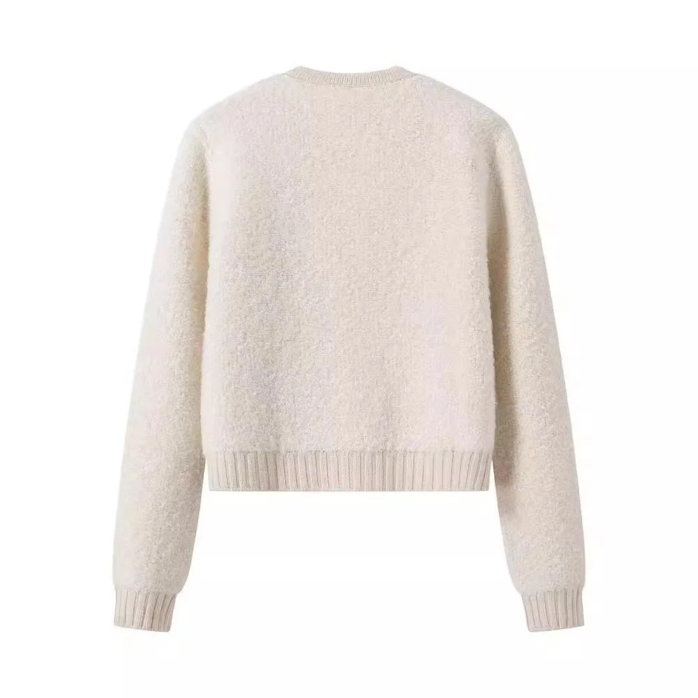 2024 Spring New Elegant O Neck Long Sleeve Cardiagn Metal Buttons Knitted Sweater Female Casual Crop Top