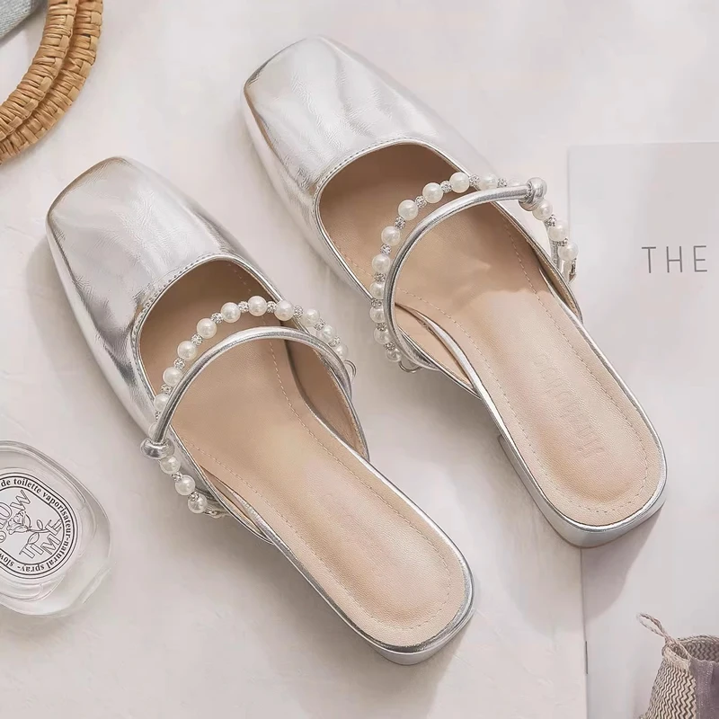 Ladies Mid Heel Summer Modern Slippers Outside Square Heel Women's Shoes on Sale 2024 Fashion String Bead Sexy Women's Slippers