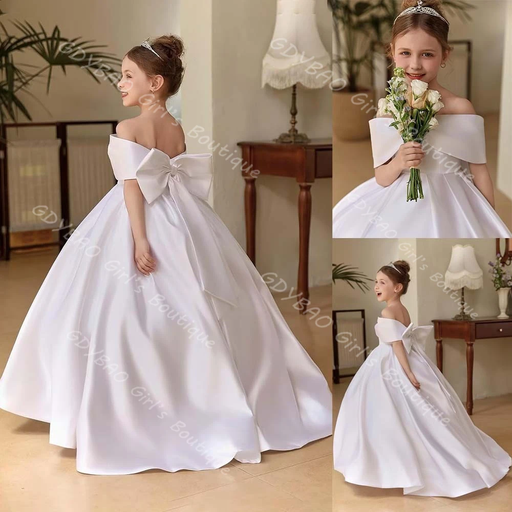 White Satin Flower Girl Dress for Wedding Toddlers Off Shoulder Princess Pageant First Communion Dress Custom Party Ball Gown