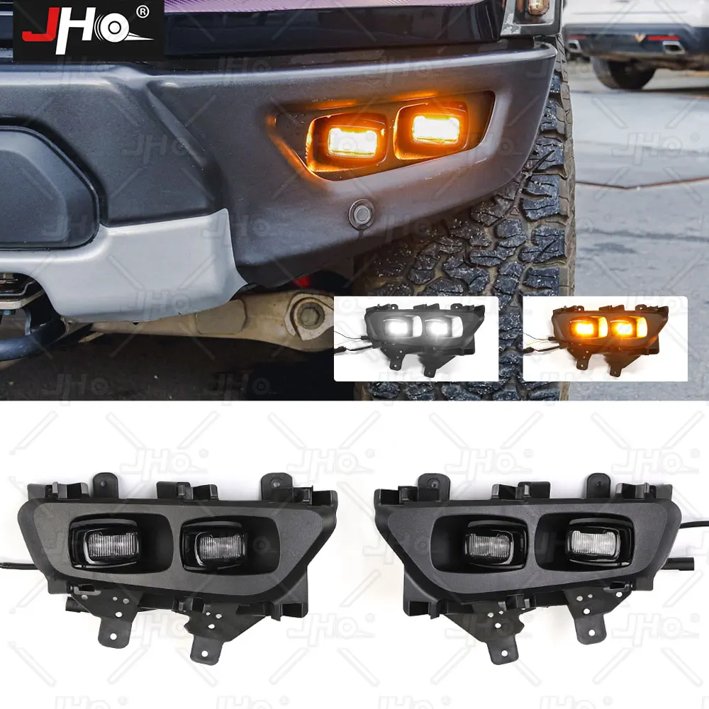 JHO 2pcs LED Daytime Running Lights Car Driving Turn Signal Fog Lamps Headlights White Amber For Ford F150 Raptor 2022