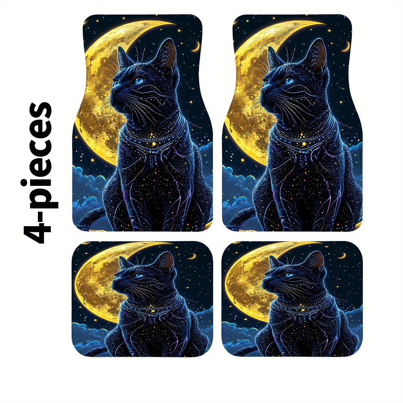 4pcs Black Cat Wearing Accessories And Gazing At The Bright Moon Printed Trendy Car Floor Mat Set, Car Interior Accessory Floor