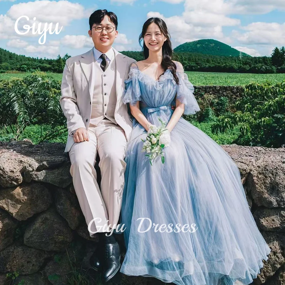 Giyu fada azul tule vestidos de casamento para mulher a linha até o chão coreia photoshoot vestido de noiva com decote em v vestido de noite personalizado