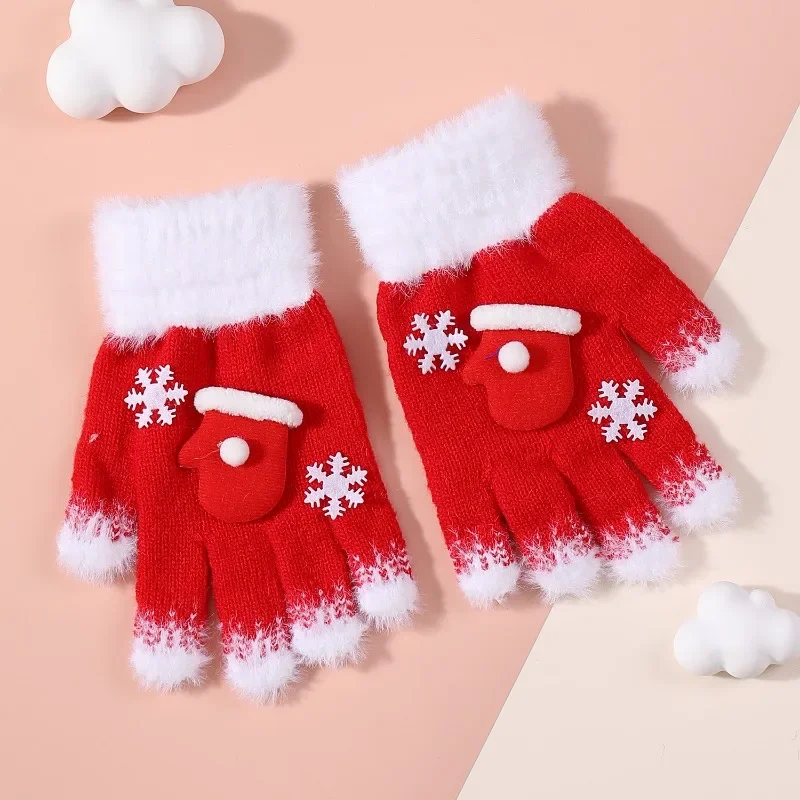 

Cute Winter Baby Gloves for Girls - Sweet Christmas Knitted Five-Finger Gloves, Warm Cold-Resistant Cartoon Kids Gloves.