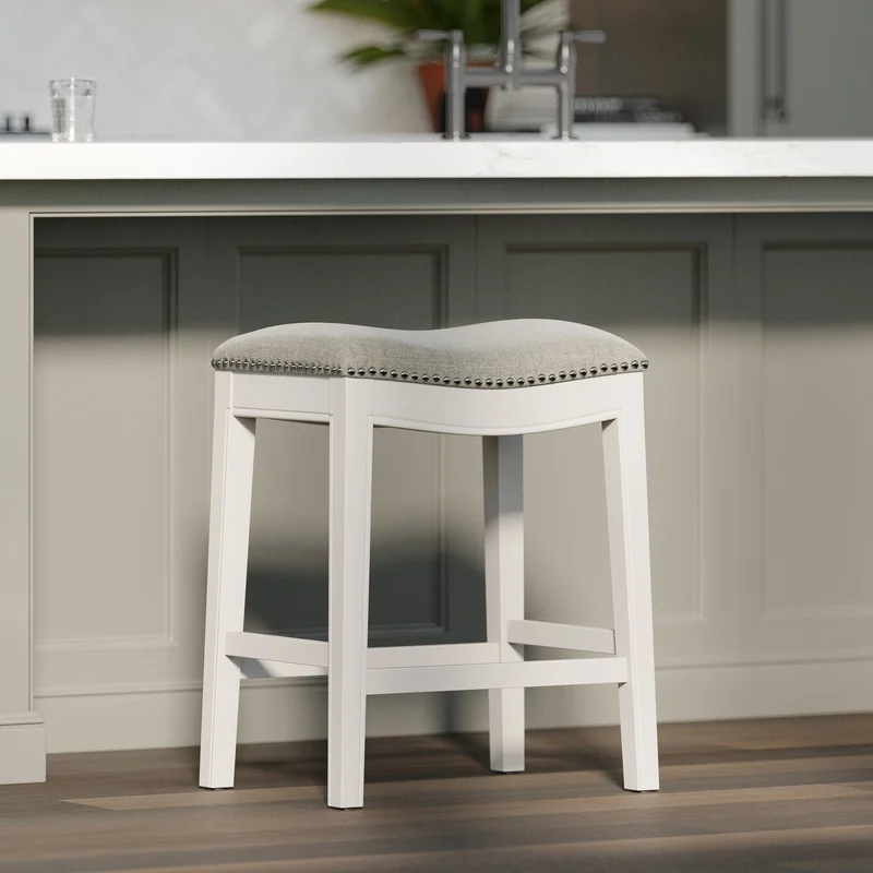 

26" Counter-Height Backless Wood Saddle Barstool, Farmhouse Whitewash Finish, Gray Upholstered Seat