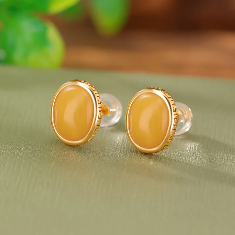 

S925 Sterling Gold-Plated Amber Style Auspicious Pattern-Cut Earrings Elegant Silver Jewelry