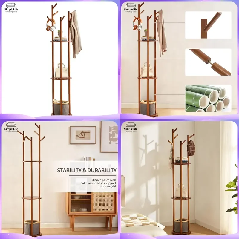 Wooden Coat Rack Stand Freestanding Clothes Hanger Tree with 3 Shelves 6 Hooks Entryway Hallway Storage Organizer Furniture