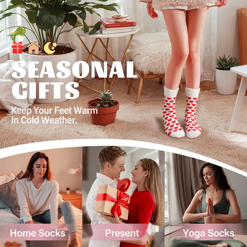 4 Pary Damskich Skarpetek Załogowych z Nadrukiem Serca, Zimowe Pluszowe Skarpety Frotte do Połowy Łydki, Grube Dzianinowe Termiczne Skarpety Śnieżne/Outdoorowe Codzienne Skarpety Podłogowe