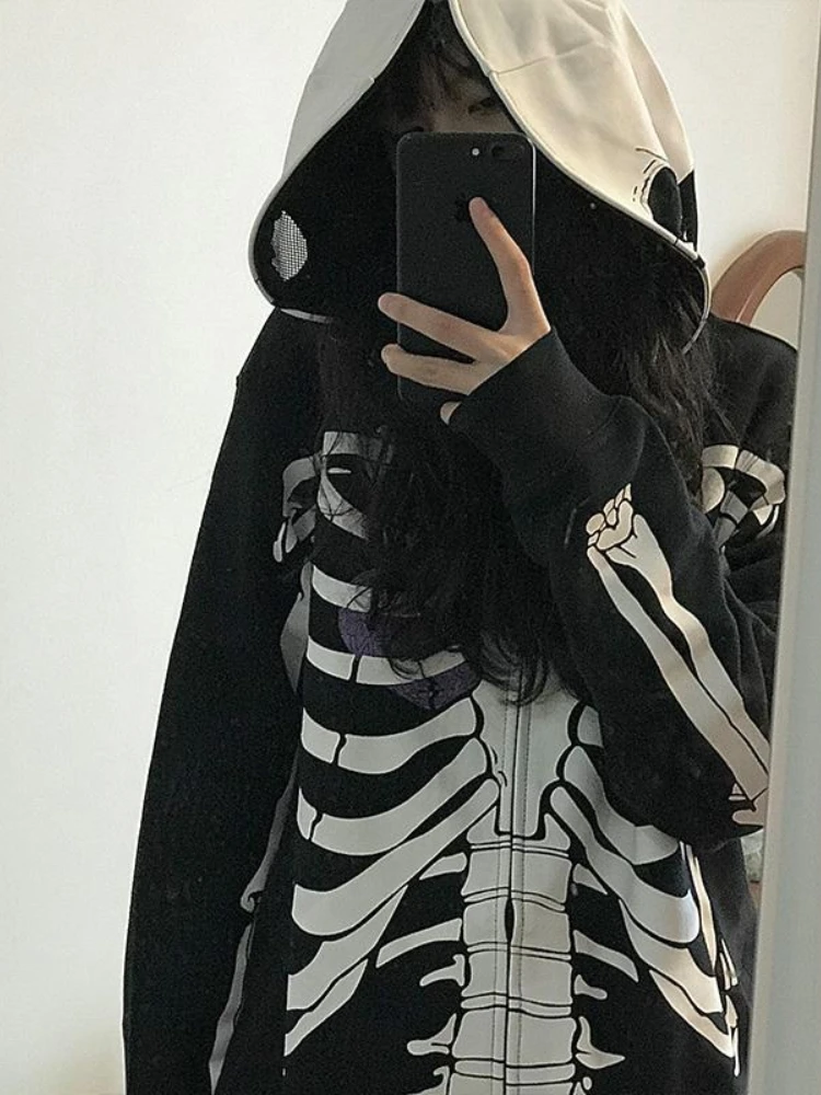 Deeptown Y2K Gothic Zip Up Hoodies Women Punk Oversized Skull Skeleton Print Sweatshirts Black Hip Hop Loose Tops Jacket Grunge