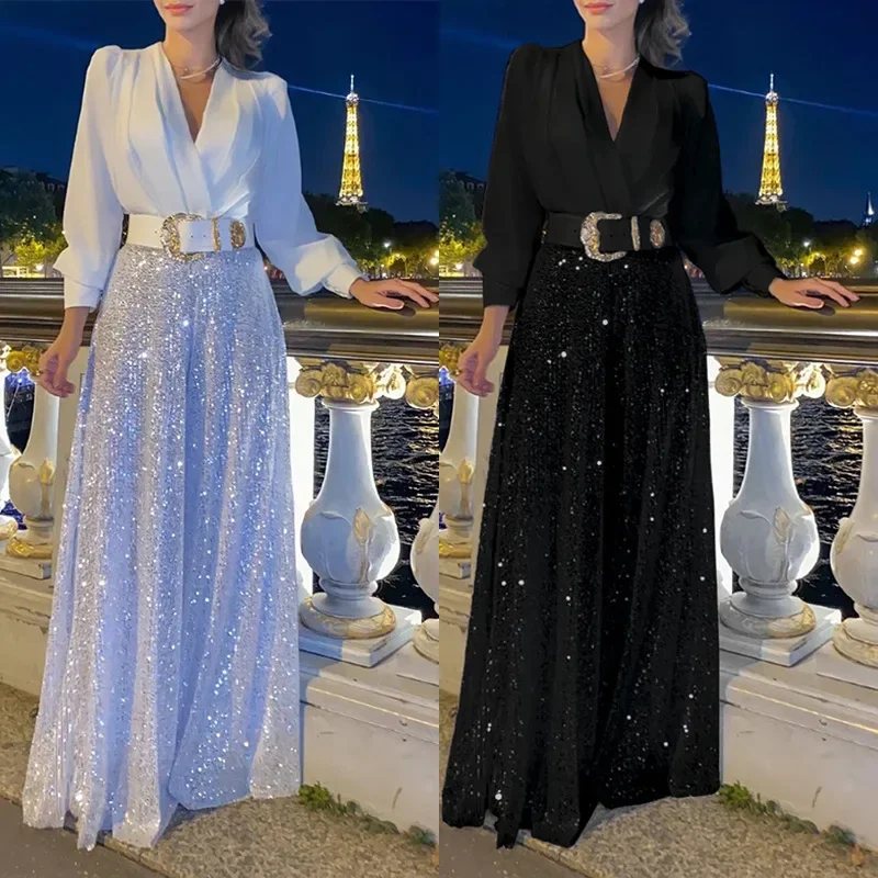 

New European and American fashionable V-neck long-sleeved shirts, elegant, waist-slimming, sequined wide-leg pants with belt