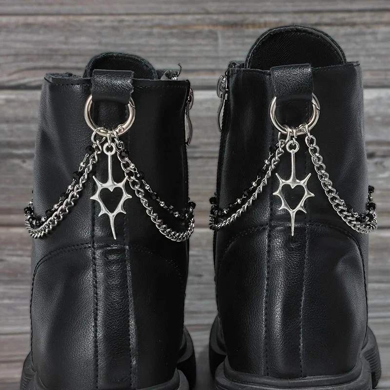 2Pcs Gothic Spiky Hollow Heart-Shaped Black Bead Double-Layer Boot Chain Metal Shoe Decoration, Suitable for All Kinds of Boots