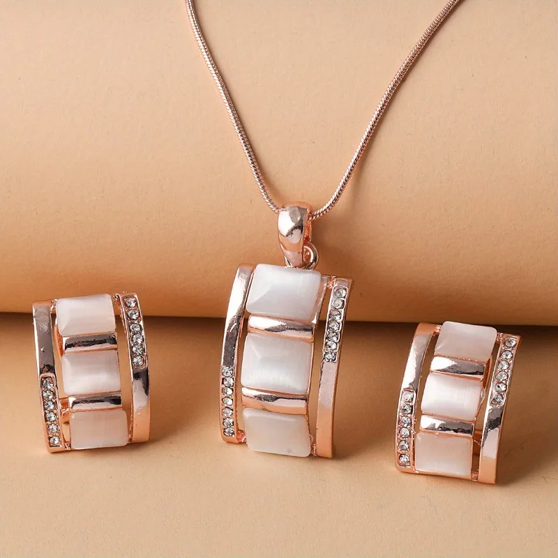 Ladies Rectangular Opal Necklace Earrings Jewelry Set Rhines