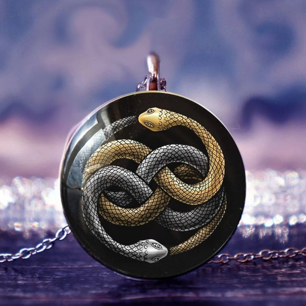 Gothic Eyeball Orca Butterfly Two Snakes Entwined Double-sided Glass Ball Pendant Necklace for Women Men Halloween Scary Jewelry