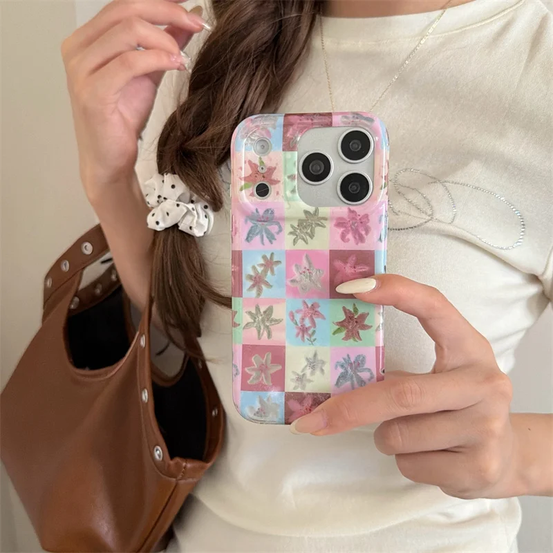

Floral Checkerboard IMD Phone Case for iPhone 14 15 16 17 Pro Max Pink Lily Print Shockproof Protective Cover Cute Case