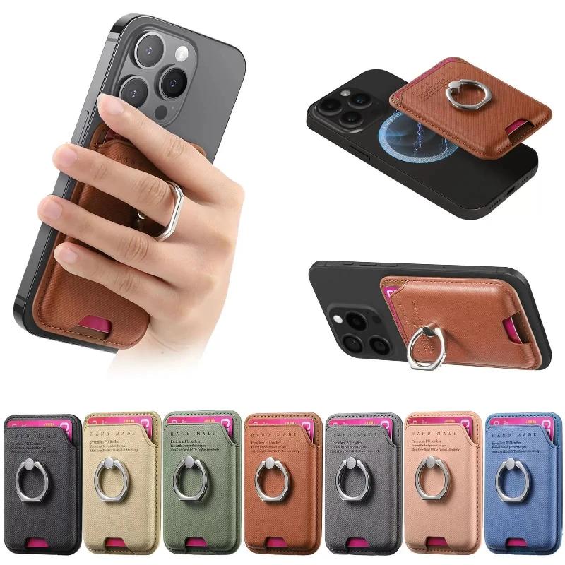 Rutschfester Starker Magnet für MagSafe Wallet mit Textur-Ringständer und Kartenhalter für 2 Karten – Kompatibel mit iPhone 17, 16, 15, 14, 13, 12 Pro Max