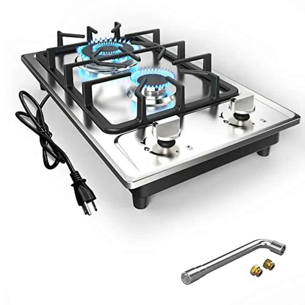 Portable Gas Cooktop Stainless Steel 2 Burner Stove Dual Fuel Built-in RVs and Apartments