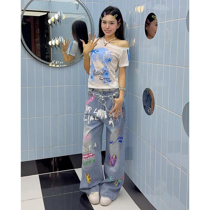 Women Vintage Y2k Baggy Graffiti Print Jeans Streetwear Hip Hop Harajuku Denim Trousers Japanese 2000s Oversize Pants Clothes