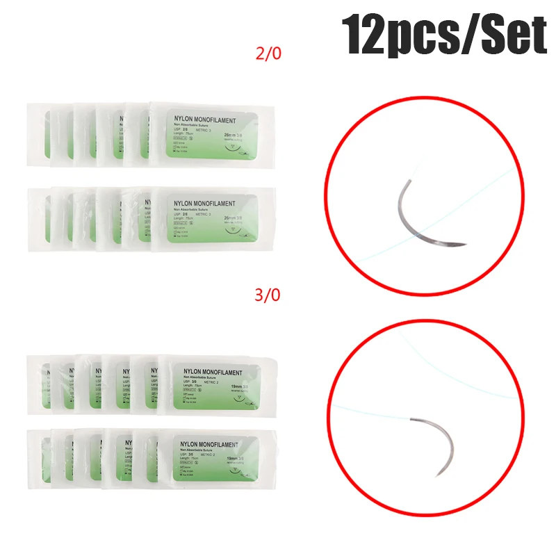 

12 Pcs/Set Medical Needle Suture Nylon Monofilament Thread Suture Practice Kit