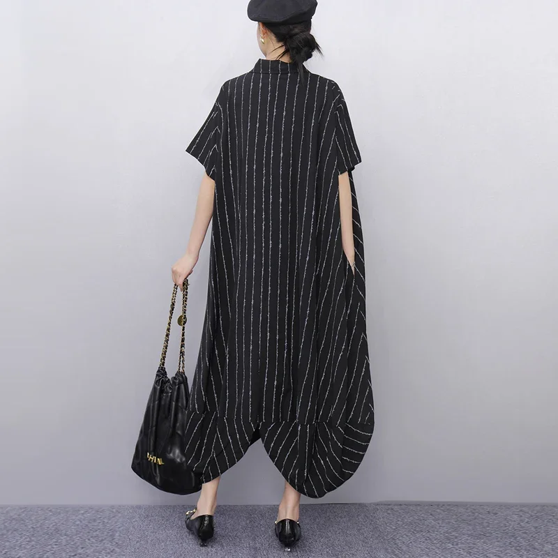 New 2025 Summer Woman Short-Sleeve Black Striped Shirt Dress Loose Fit Chic Big Size Casual Holiday Irregular Large Robe JKXD017
