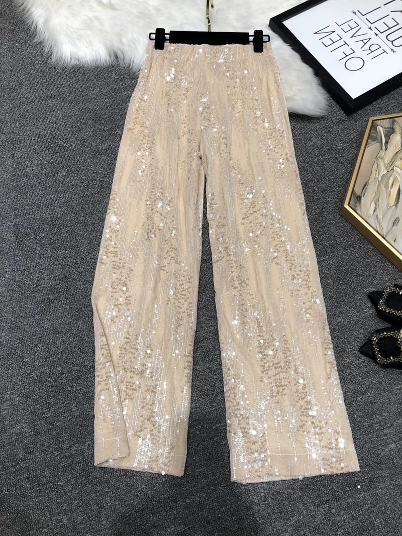 Sweet Pink Velvet Sequins Straight-Leg Trousers Women 2024 Autumn New Glossy Casual Mop Wide Leg Pants Korean Fashion Y2k Pants
