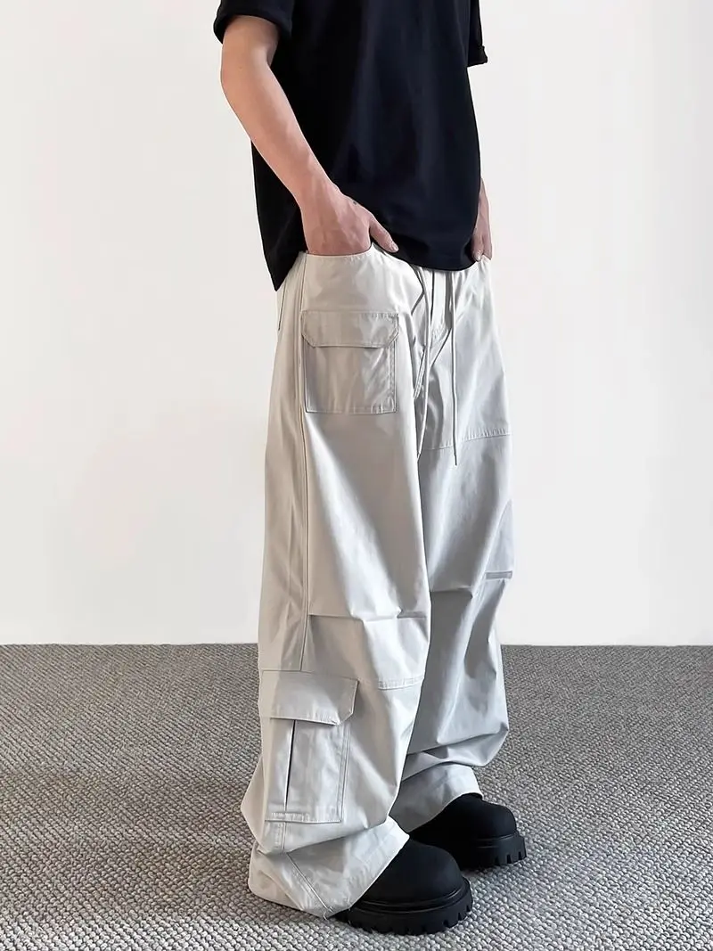 

Solid Color Multi Pocket Straight Cargo Pants for Men Harajuku Casual Techwear Slacks Fashion Korean Style Baggy Trousers Man