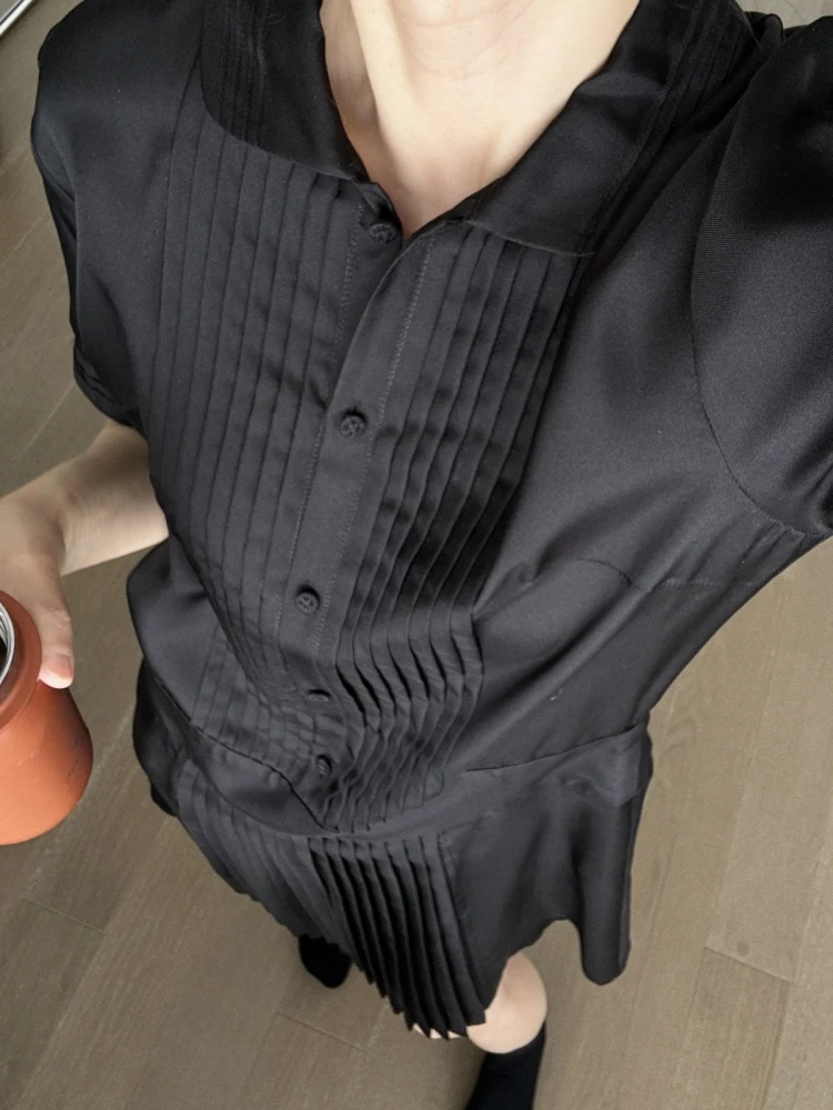 

Bla DesiGar Heavy Industry Pleated ort Sve Collared irt Dr Slimming Faionable Versatile Korean Sle Commute Dr